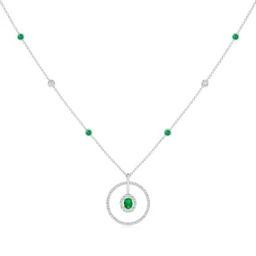 1.52 CT. Oval Emerald and White Sapphire Double Halo Circle Necklace