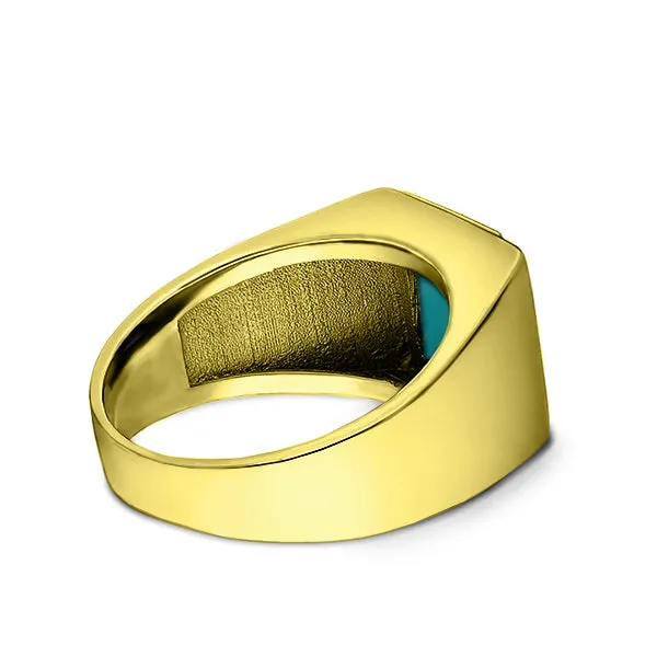 18K Gold Plated on 925 Solid Silver Mens Turquoise Ring With 3 Diamond Accents