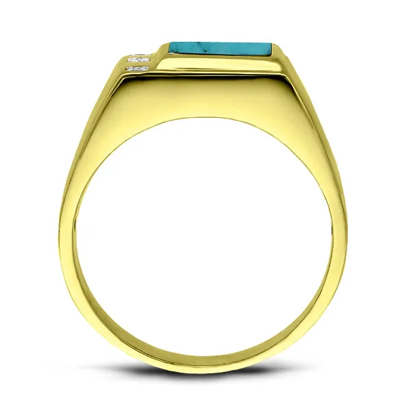 18K Gold Plated on 925 Solid Silver Mens Turquoise Ring With 3 Diamond Accents