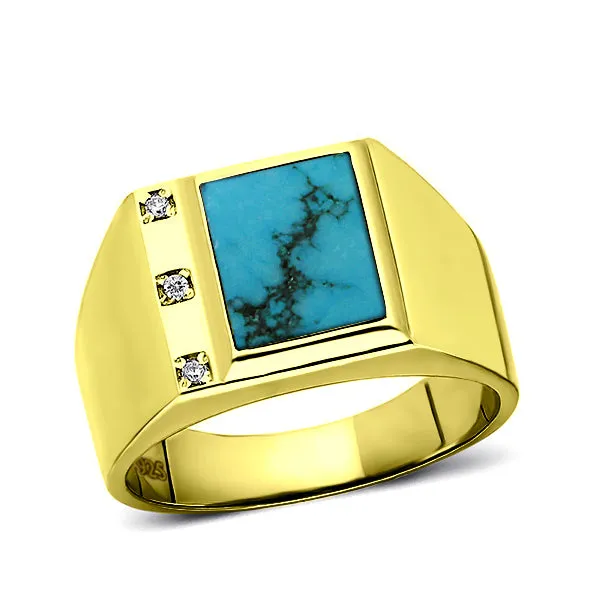 18K Gold Plated on 925 Solid Silver Mens Turquoise Ring With 3 Diamond Accents