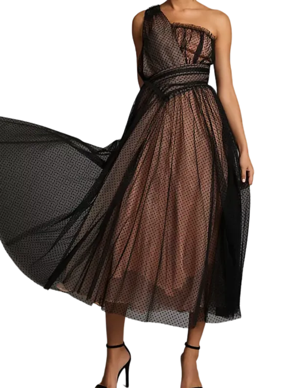 Anthropologie Black One-shoulder Tulle Dot Maxi Dress UK 8