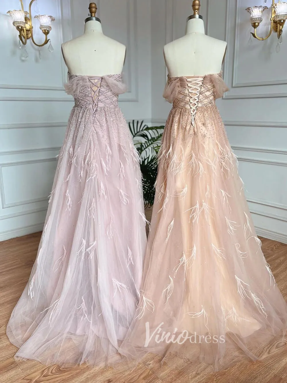 Beaded Feather Prom Dresses A-line Tulle Evening Gowns 20036