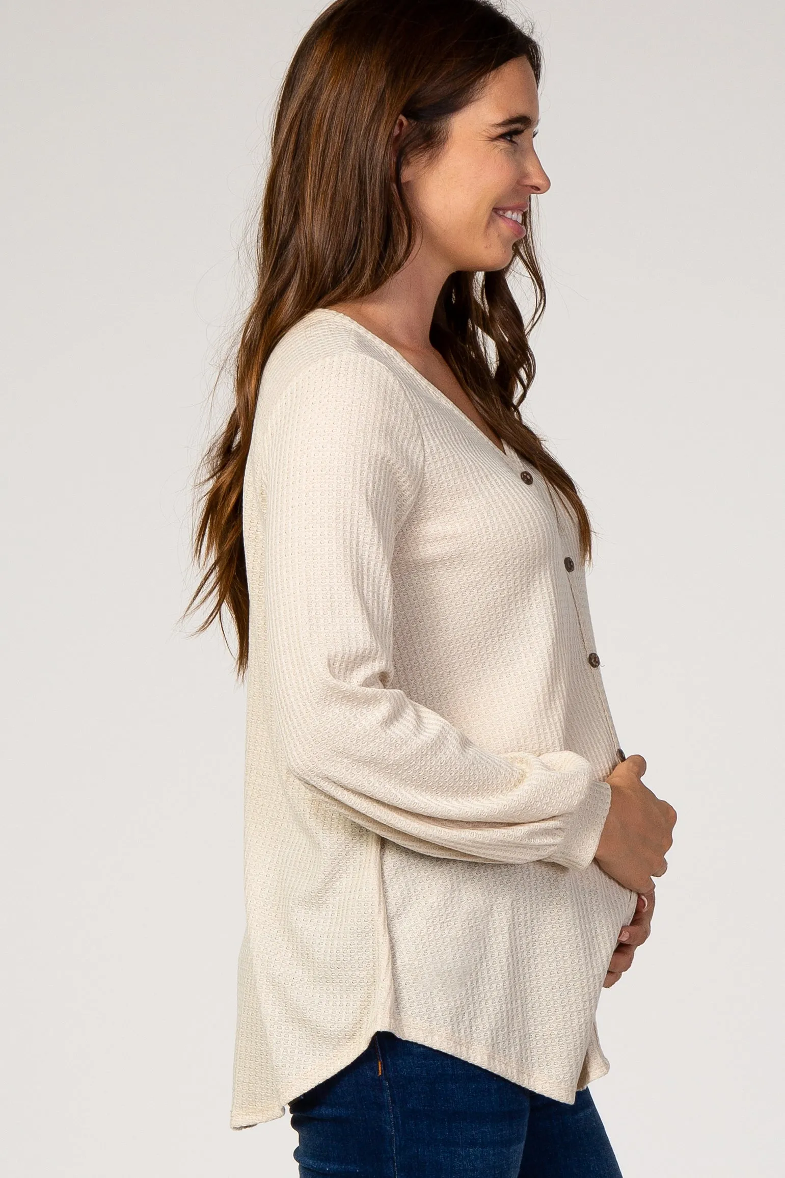 Beige Waffle Knit Button Front Maternity Top