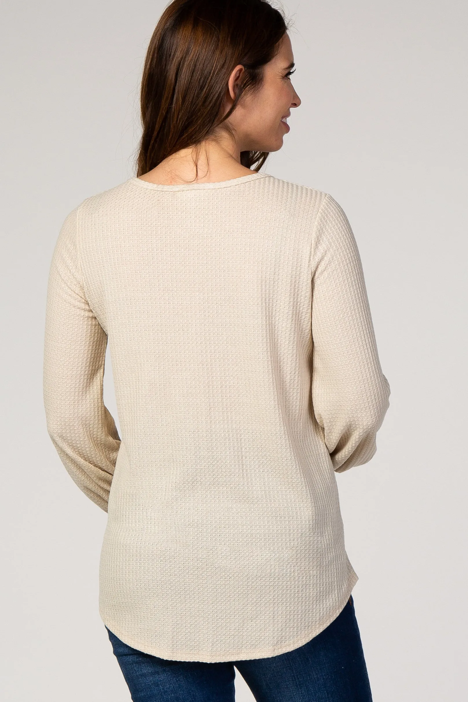 Beige Waffle Knit Button Front Maternity Top