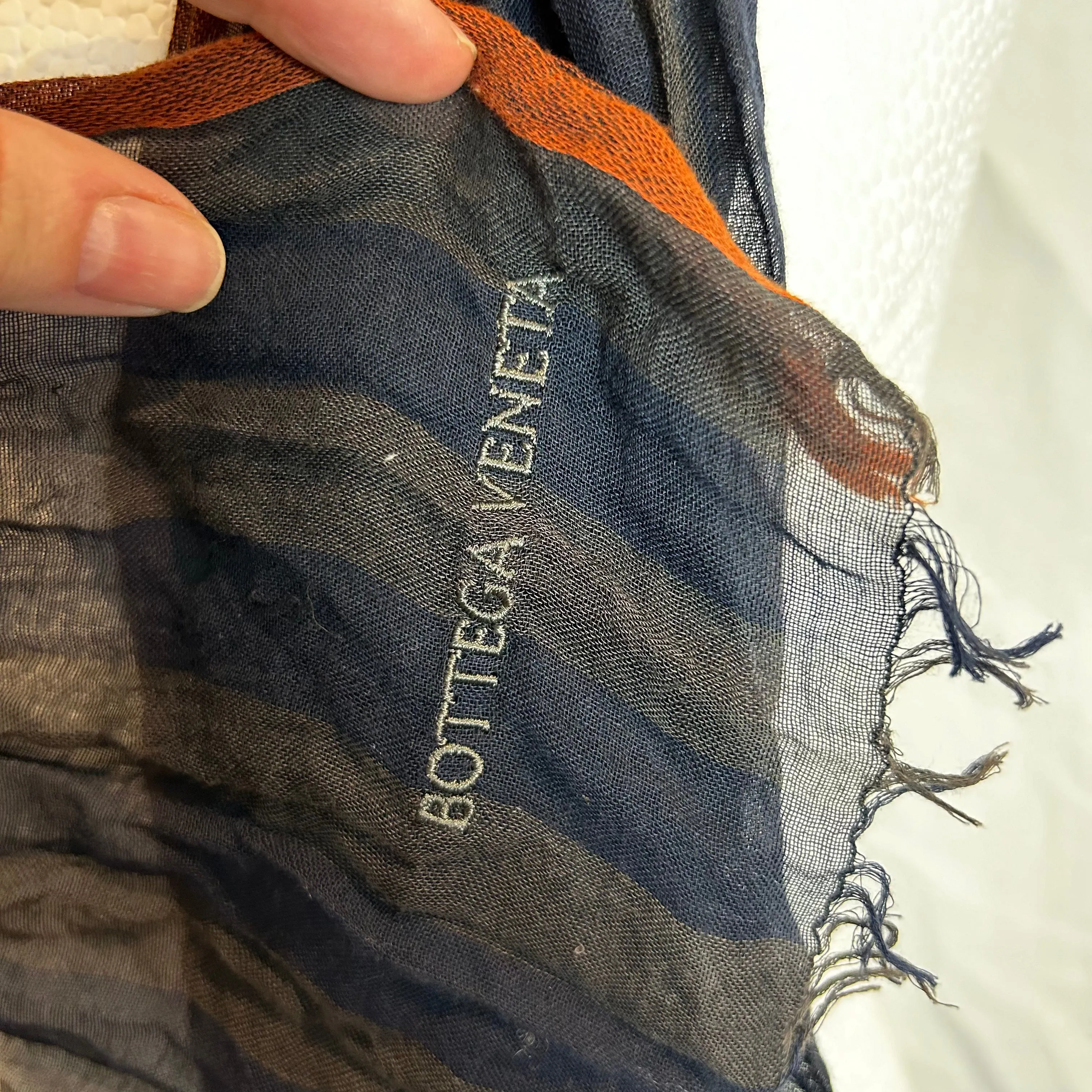 Bottega Veneta Navy & Orange Stripe Silk & Linen Scarf