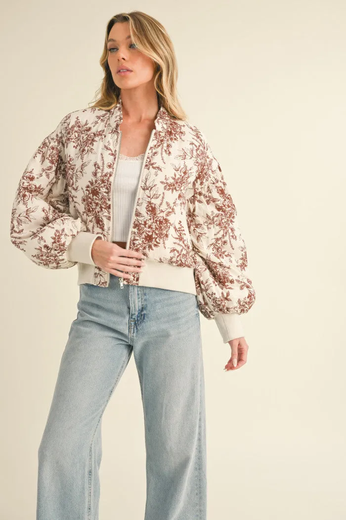 Brown and Champagne Floral Bomber Puff Jacket