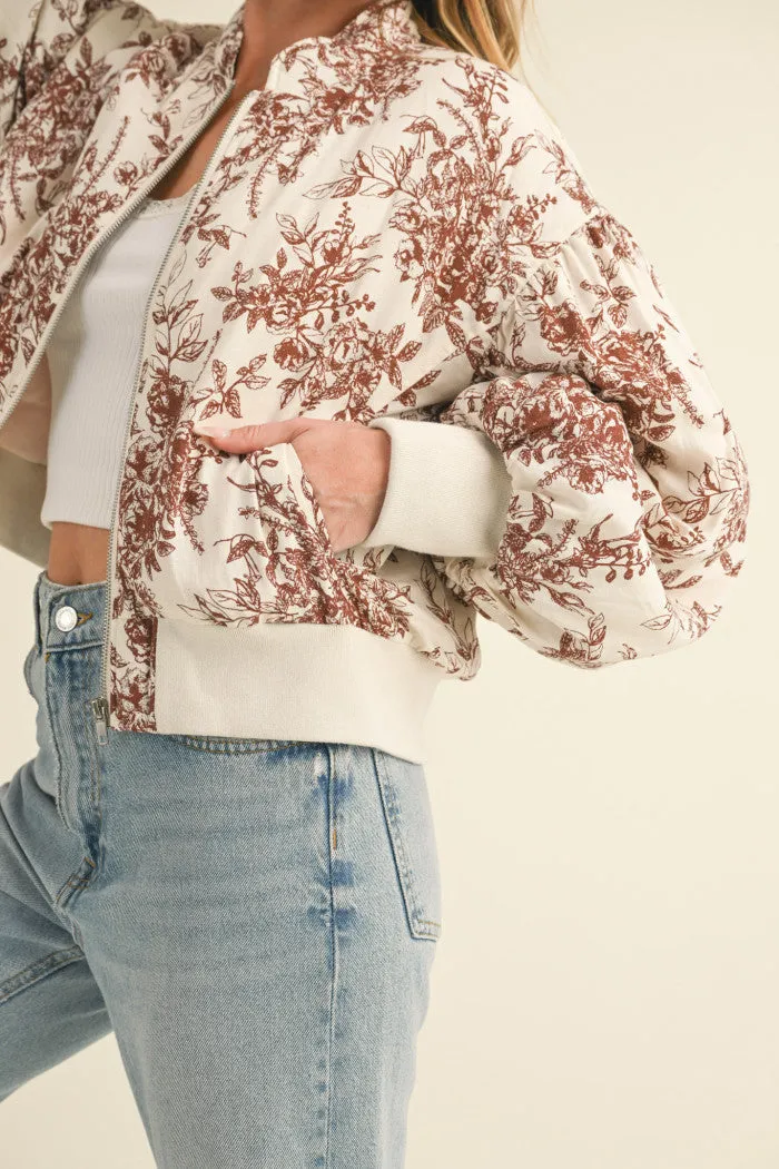 Brown and Champagne Floral Bomber Puff Jacket