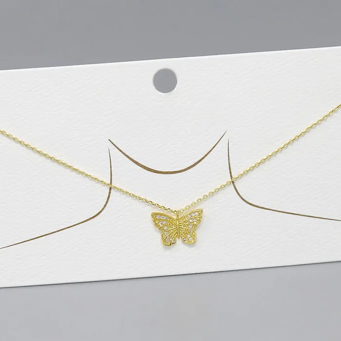 Butterfly CZ Pave Pendant Short Chain Necklace