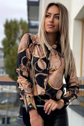 Camicia elegante tonalità beige nero a stampa cerchi e motivo fashion