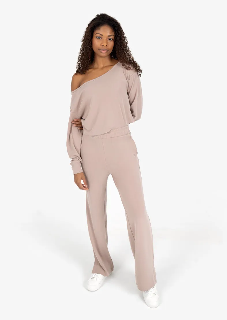 Cloudsoft Rib Off The Shoulder Top & Palazzo Pant Set Walnut