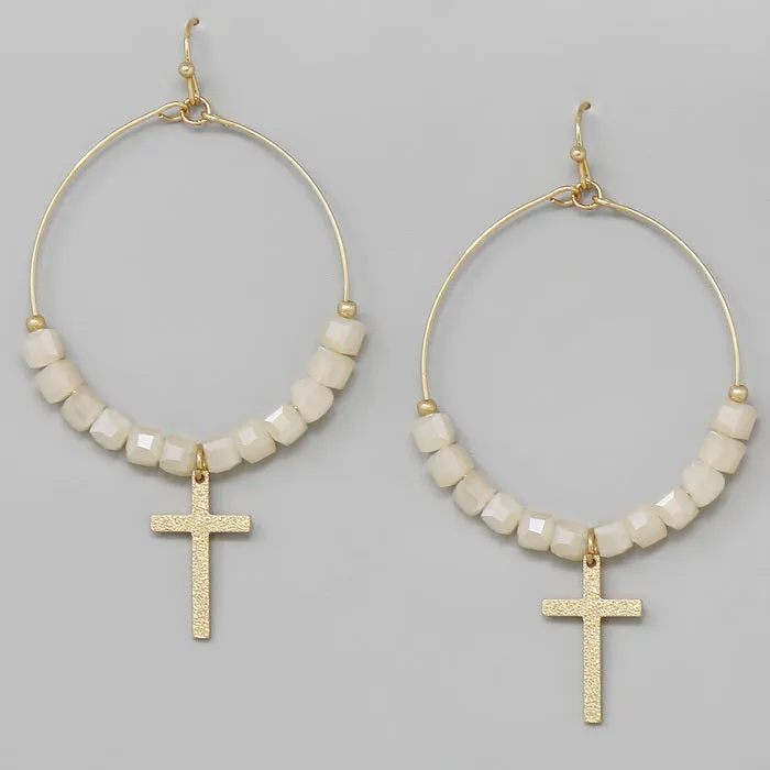 Cross Charm Glass Cube Beaded Hoop Earrings