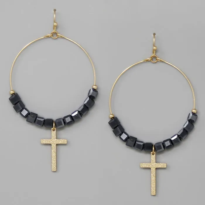 Cross Charm Glass Cube Beaded Hoop Earrings