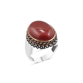 Domic Red Agate Stone Ellipse Silver Men's Ring with Pointed and Braid Top Pattern