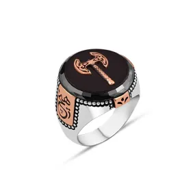 Double-Headed Axe on Black Circle Onyx stone with "Hich" on Sides Silver Men's Ring