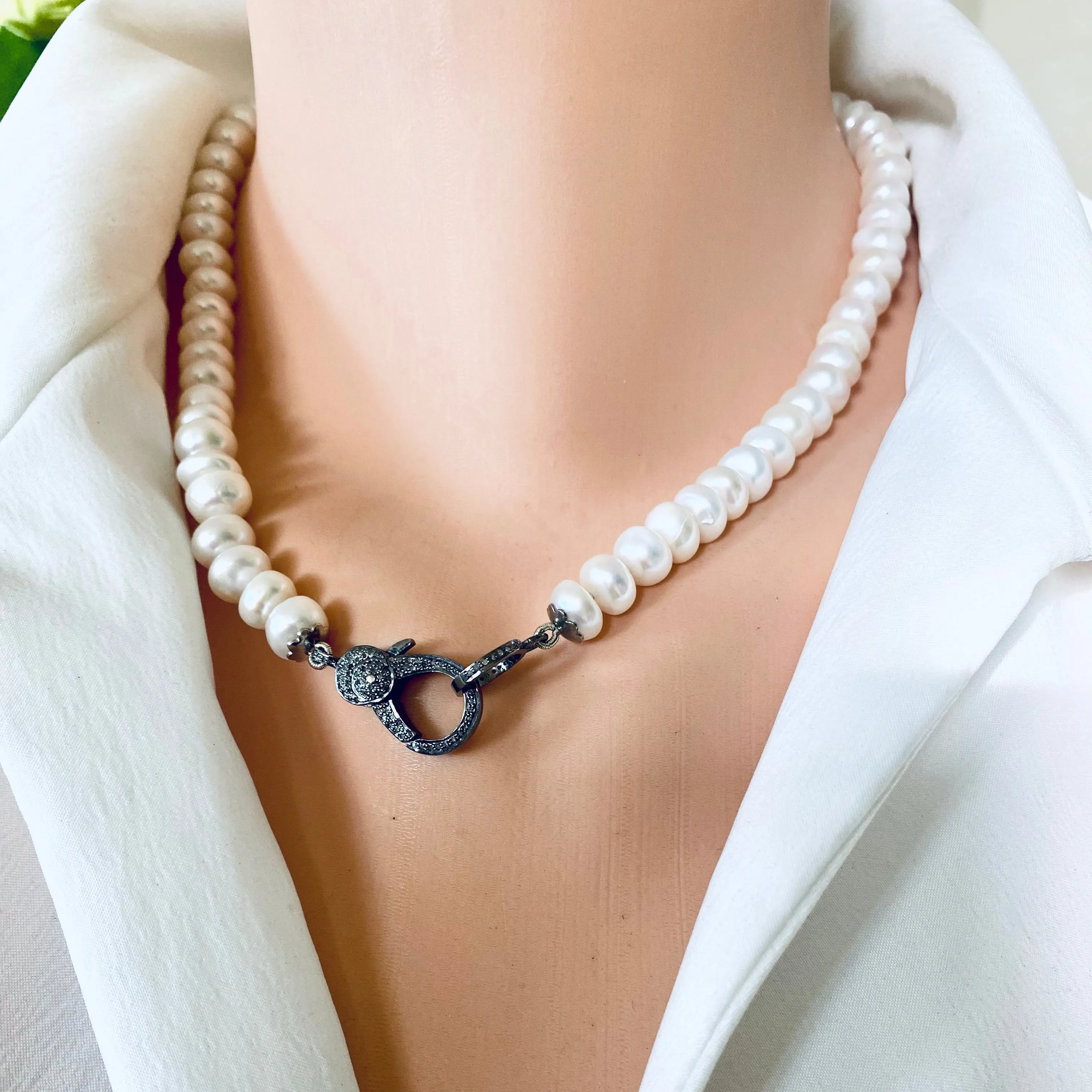 Freshwater Button Pearls Candy Necklace, Diamonds Pave Oxidized Silver Lobster Clasp, 18inches