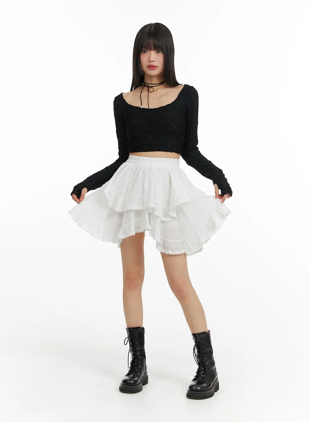 Frill-Banded Lace Mini Skirt CF422