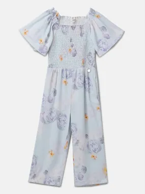 Girls Blue Shirred Printed Jumpsuit