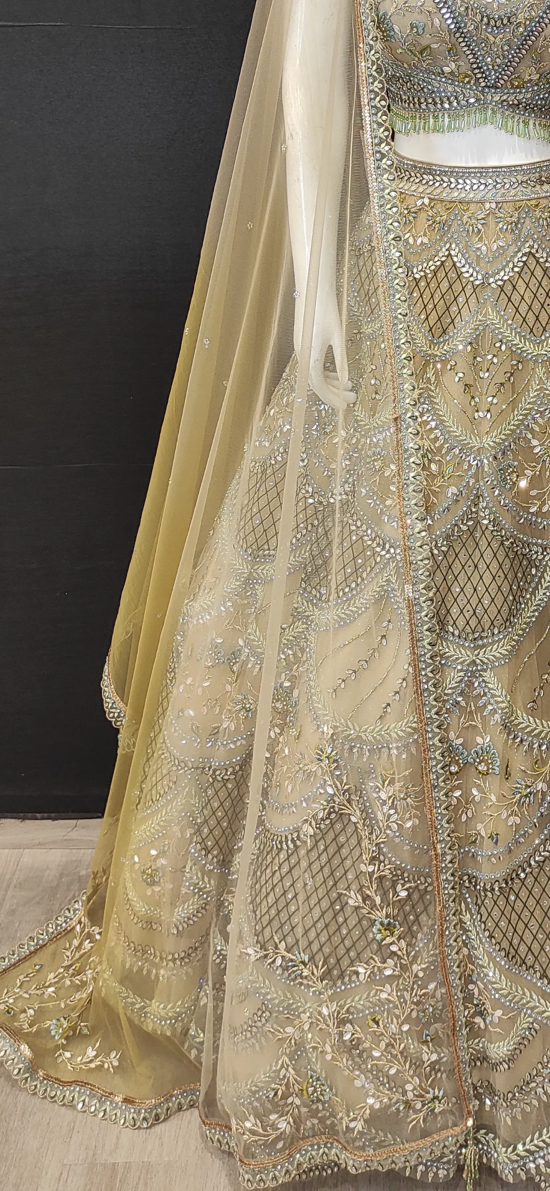 Gold Net Lehenga Choli with Hand Work and Dupatta