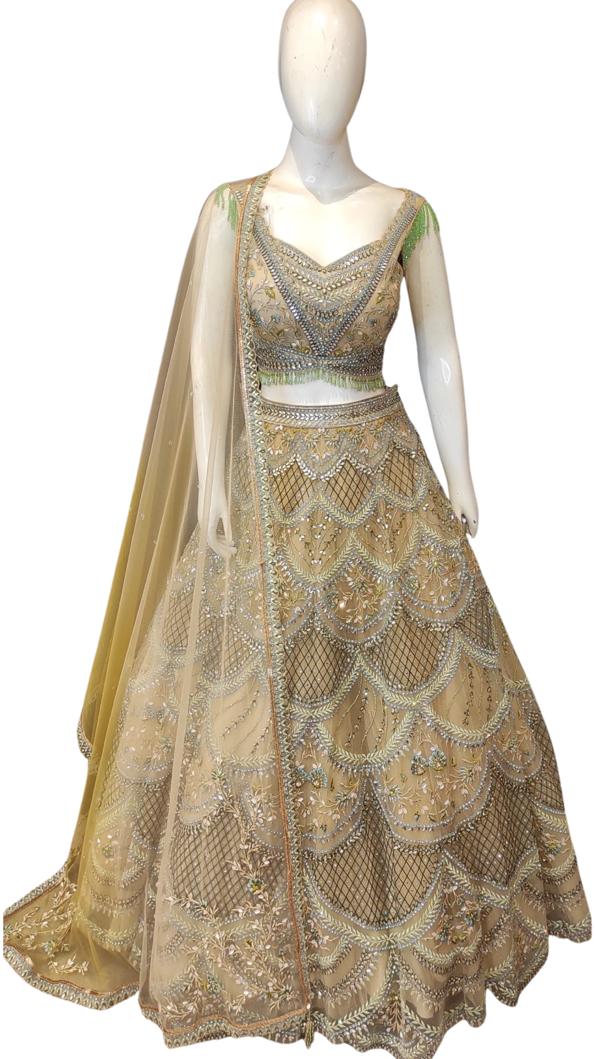 Gold Net Lehenga Choli with Hand Work and Dupatta