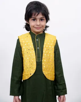 Green Kurta Churidar with Yellow Mirror Jacket