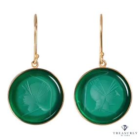 Green Onyx Round Intaglio Hanging Dangling 14k Yellow Estate Vintage Earrings