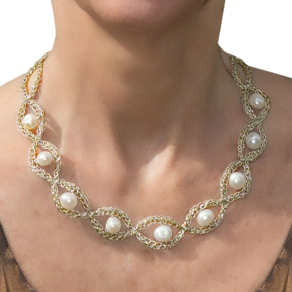 Handmade Gold Plated Crochet Choker Necklace with Pearls