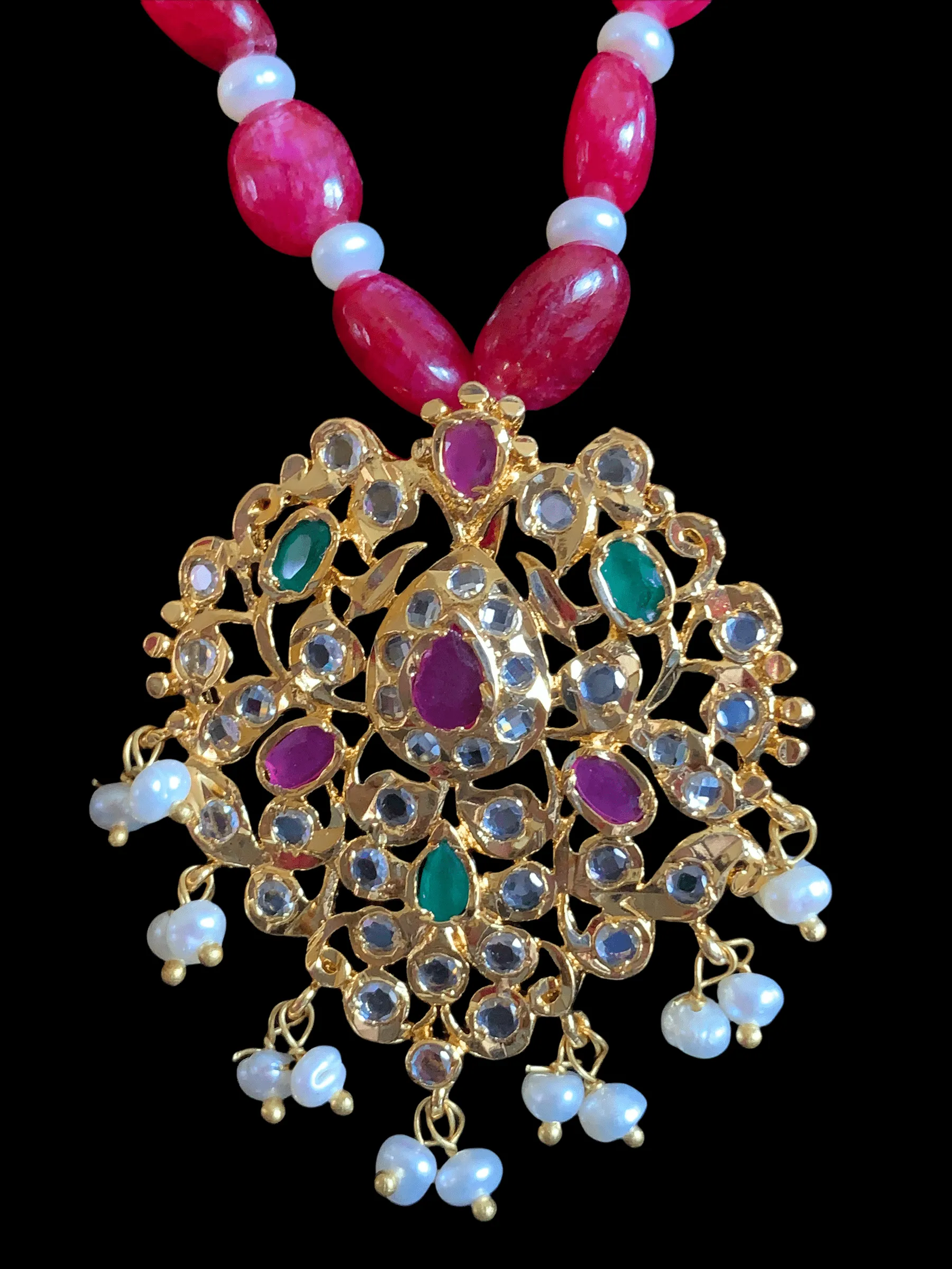 Hania hyderabadi pendant set in ruby emerald  ( READY TO SHIP )