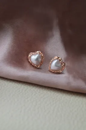 Heart Pearl Rose Gold Plated Sterling Silver Stud Earrings