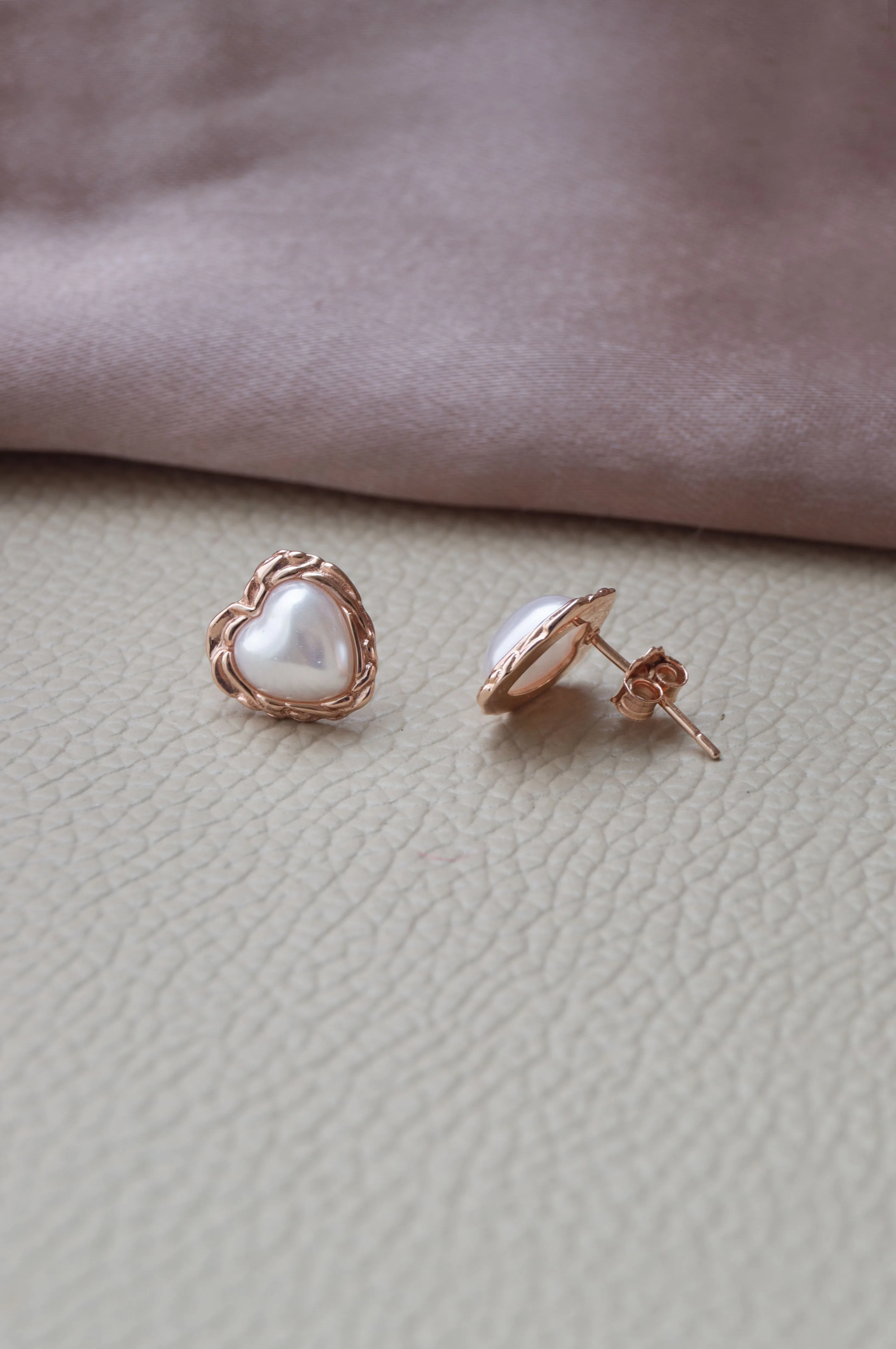 Heart Pearl Rose Gold Plated Sterling Silver Stud Earrings