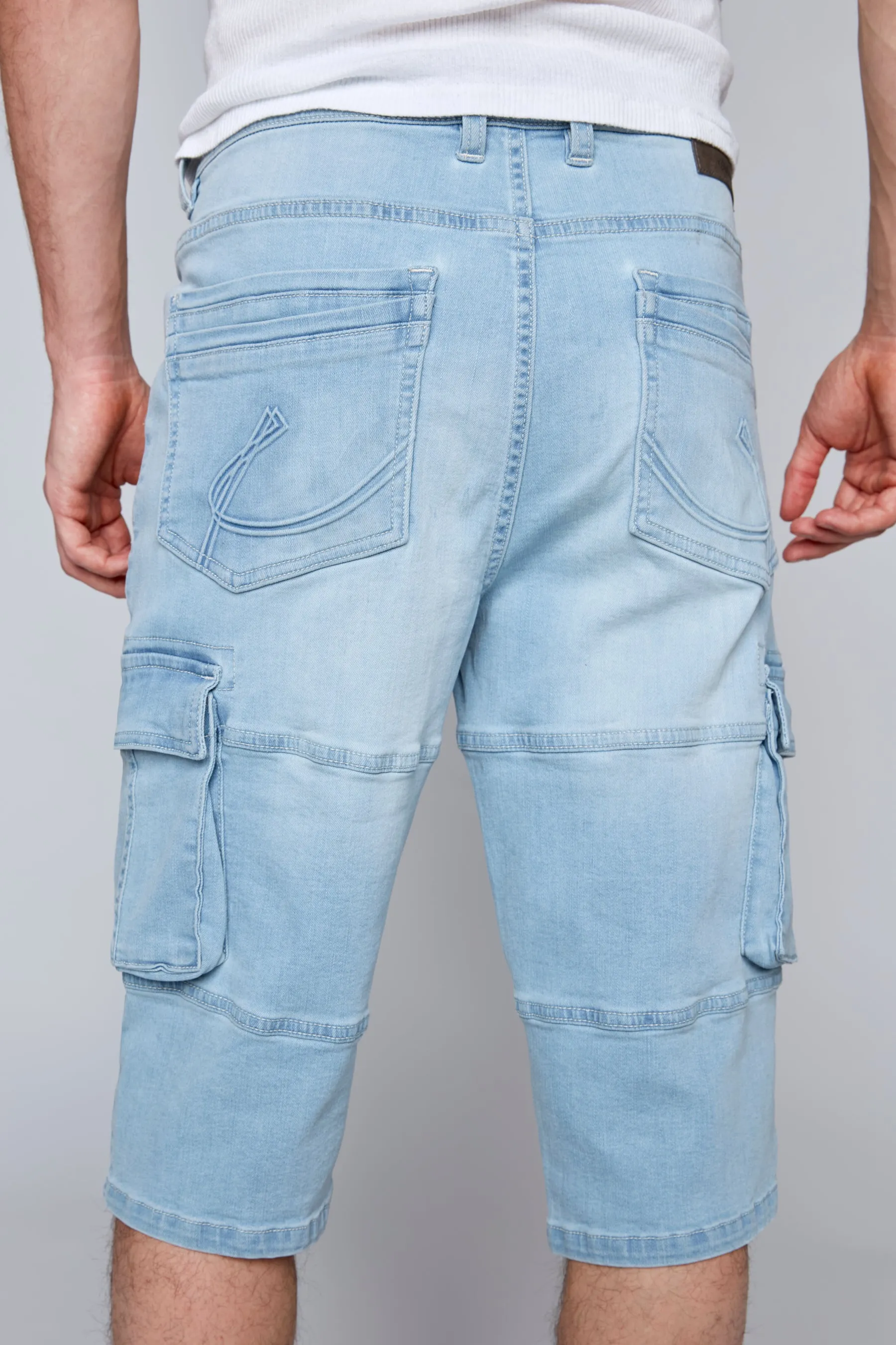 Men's 5-Pocket Denim Moto Cargo Capri Shorts - Blue Bleach