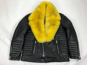 Men's Jay Biker Jacket Black With Full Yellow Fox Collar