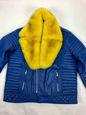 Men's Jay Biker Jacket Royal With Full Yellow Fox Collar