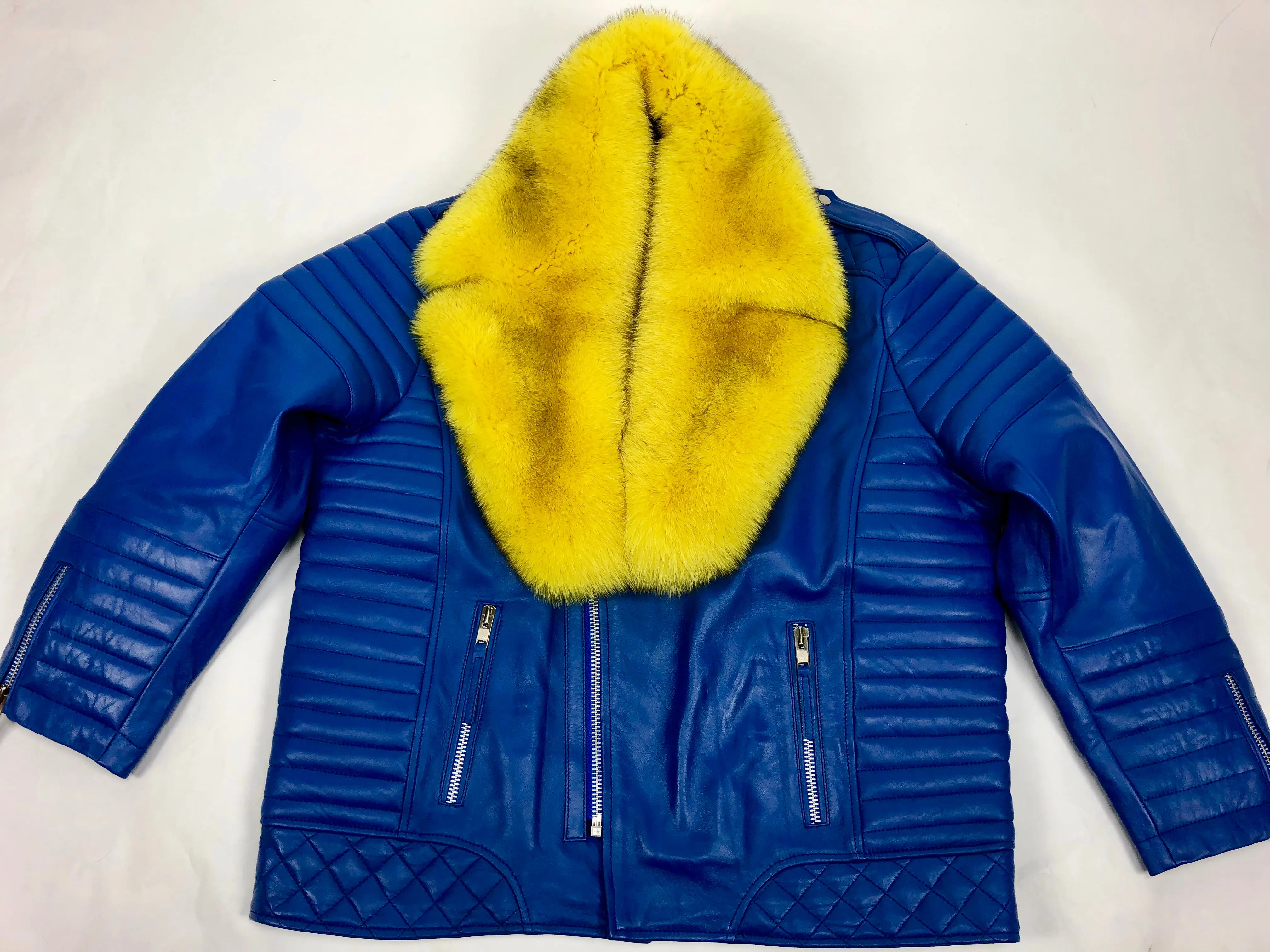 Men's Jay Biker Jacket Royal With Full Yellow Fox Collar