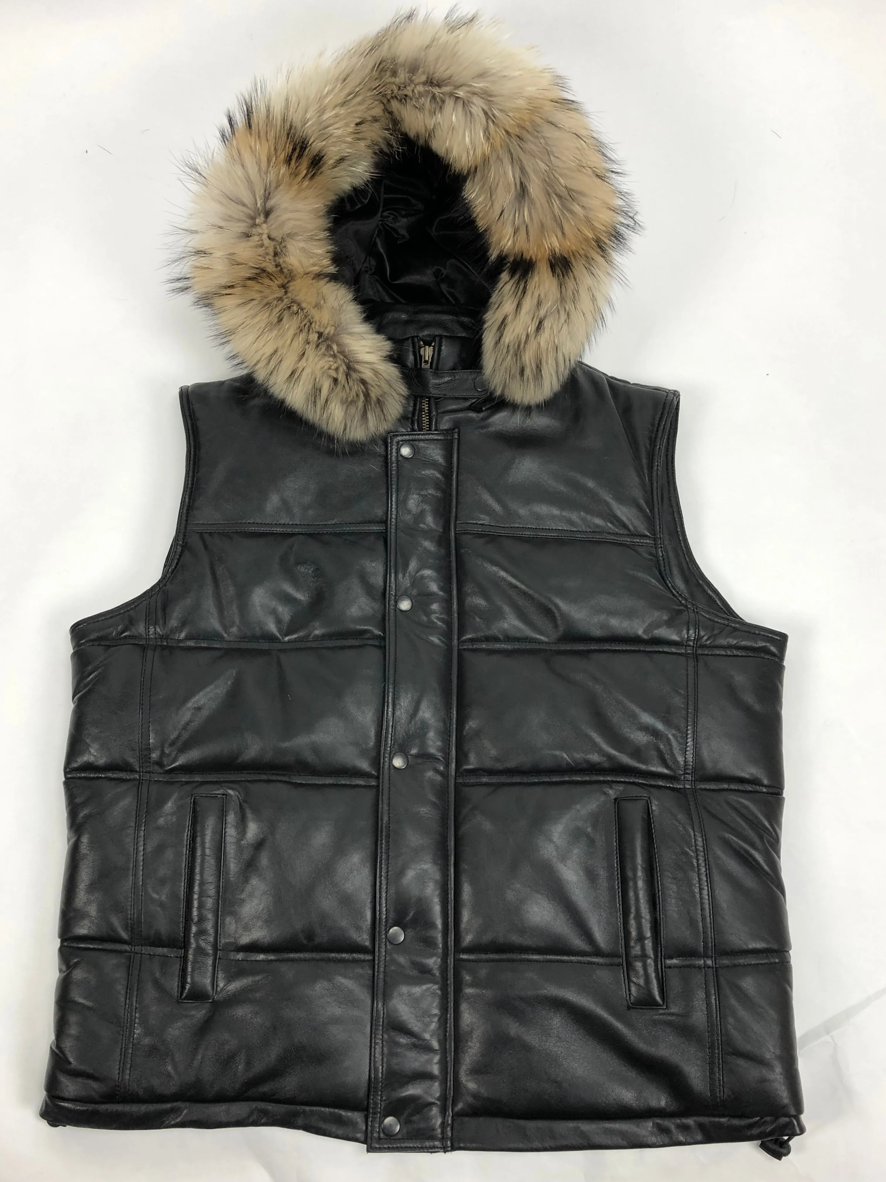 Men's Leather Bubble Vest With Premium Raccoon Fur Hood