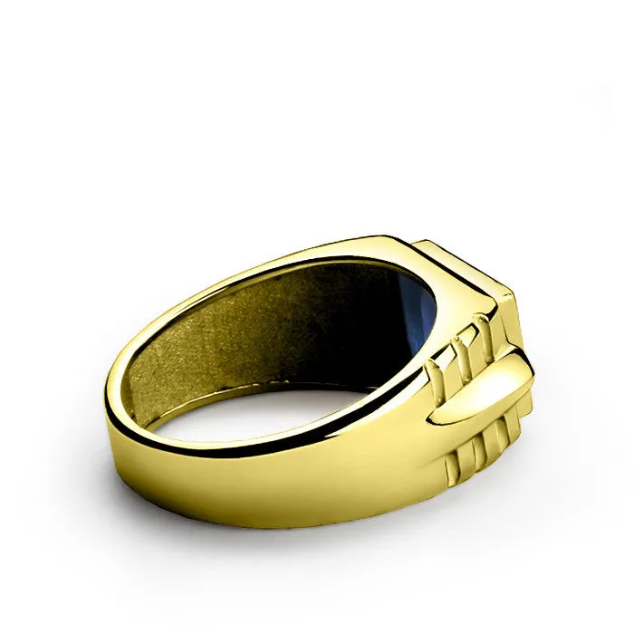 Men's Ring with Sapphire and Diamonds in 14k Yellow Gold