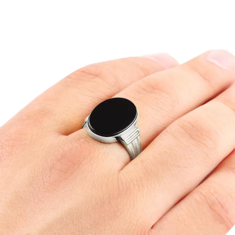 Natural Black ONYX in Solid 10k White Gold Genuine Gemstone Ring for Men