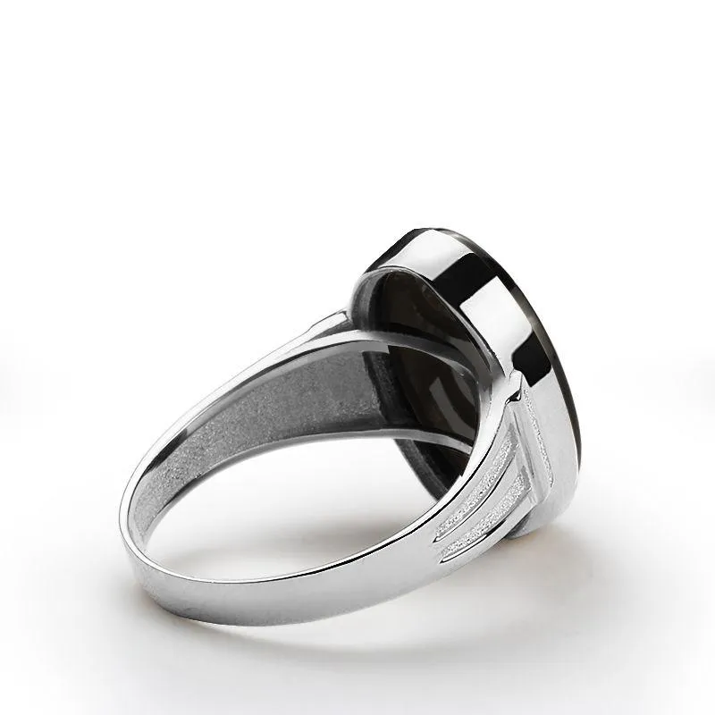 Natural Black ONYX in Solid 10k White Gold Genuine Gemstone Ring for Men