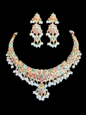 Navratan necklace  set with fresh water pearls in gold plated silver