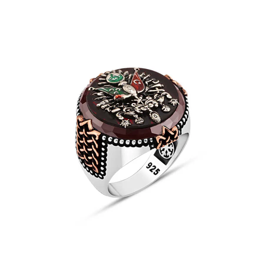 Red Circle Agate Stone with Ottoman State Coat of Arms Silver Men's Ring Web Pattern in Epaulet Shape