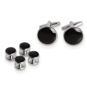 Rhodium-plated Black Enameled Cuff Link and Tuxedo Studs Set