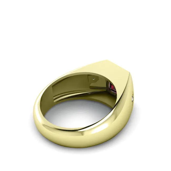 Ruby Diamond Ring 14K Solid Yellow Gold Men's Wedding Band with Diamonds Cancer Gift for Him