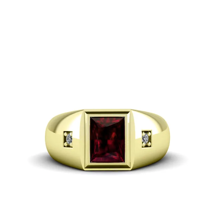 Ruby Diamond Ring 14K Solid Yellow Gold Men's Wedding Band with Diamonds Cancer Gift for Him