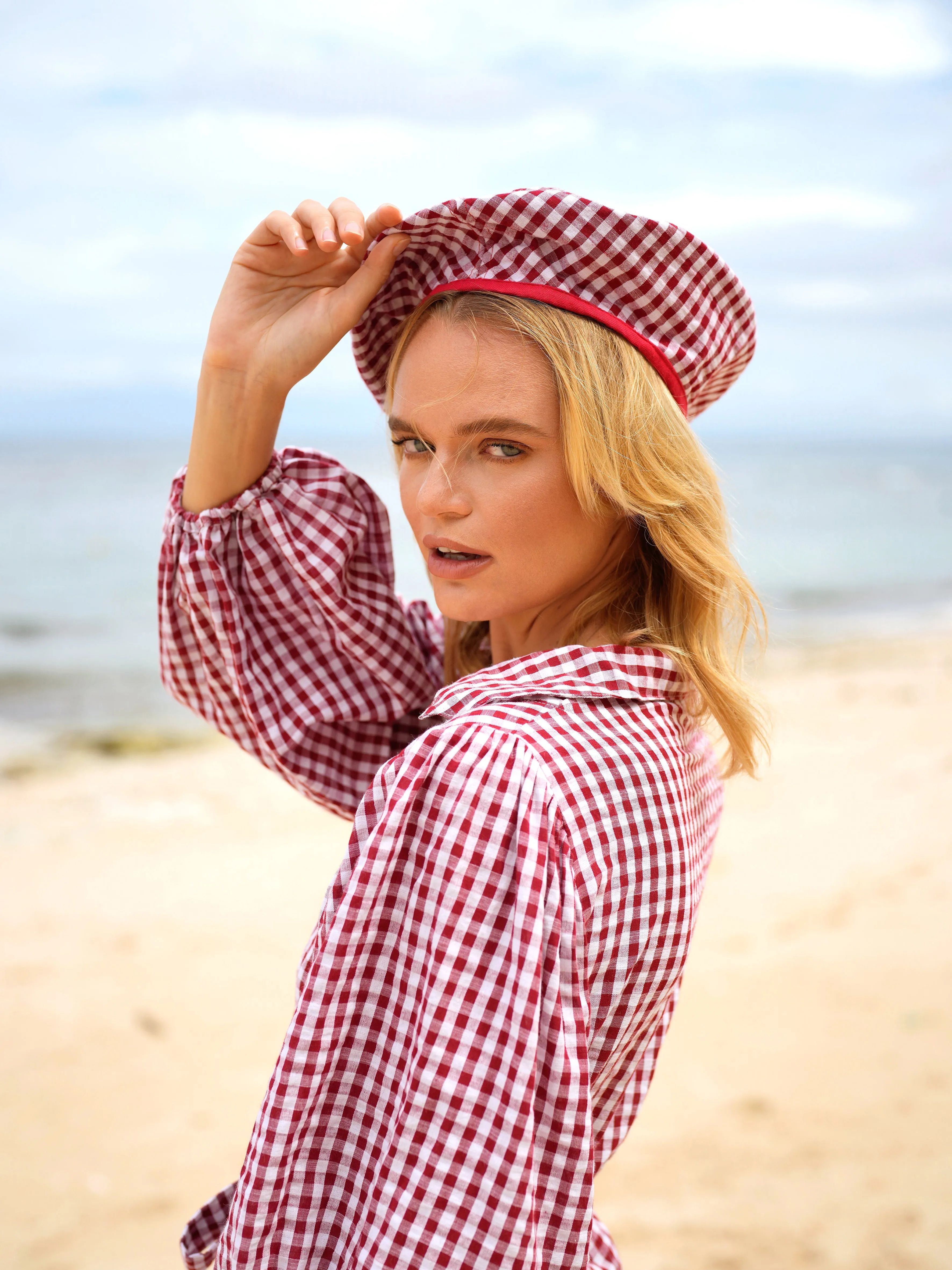 SIMONE Gingham Beret Hat, in Red