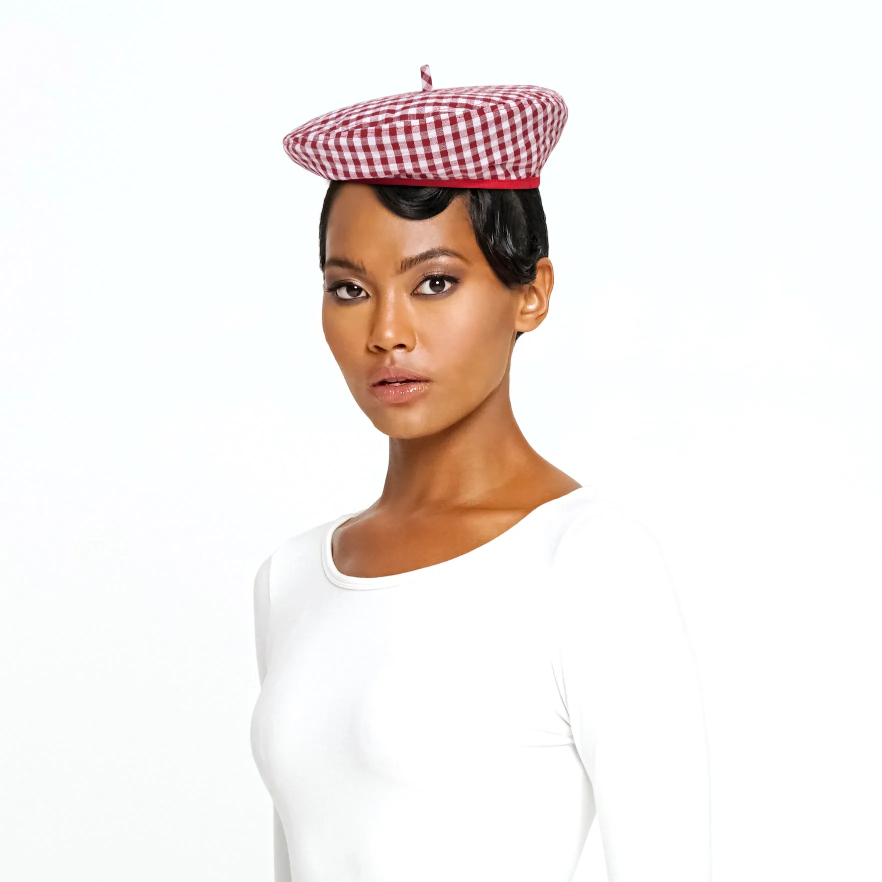 SIMONE Gingham Beret Hat, in Red