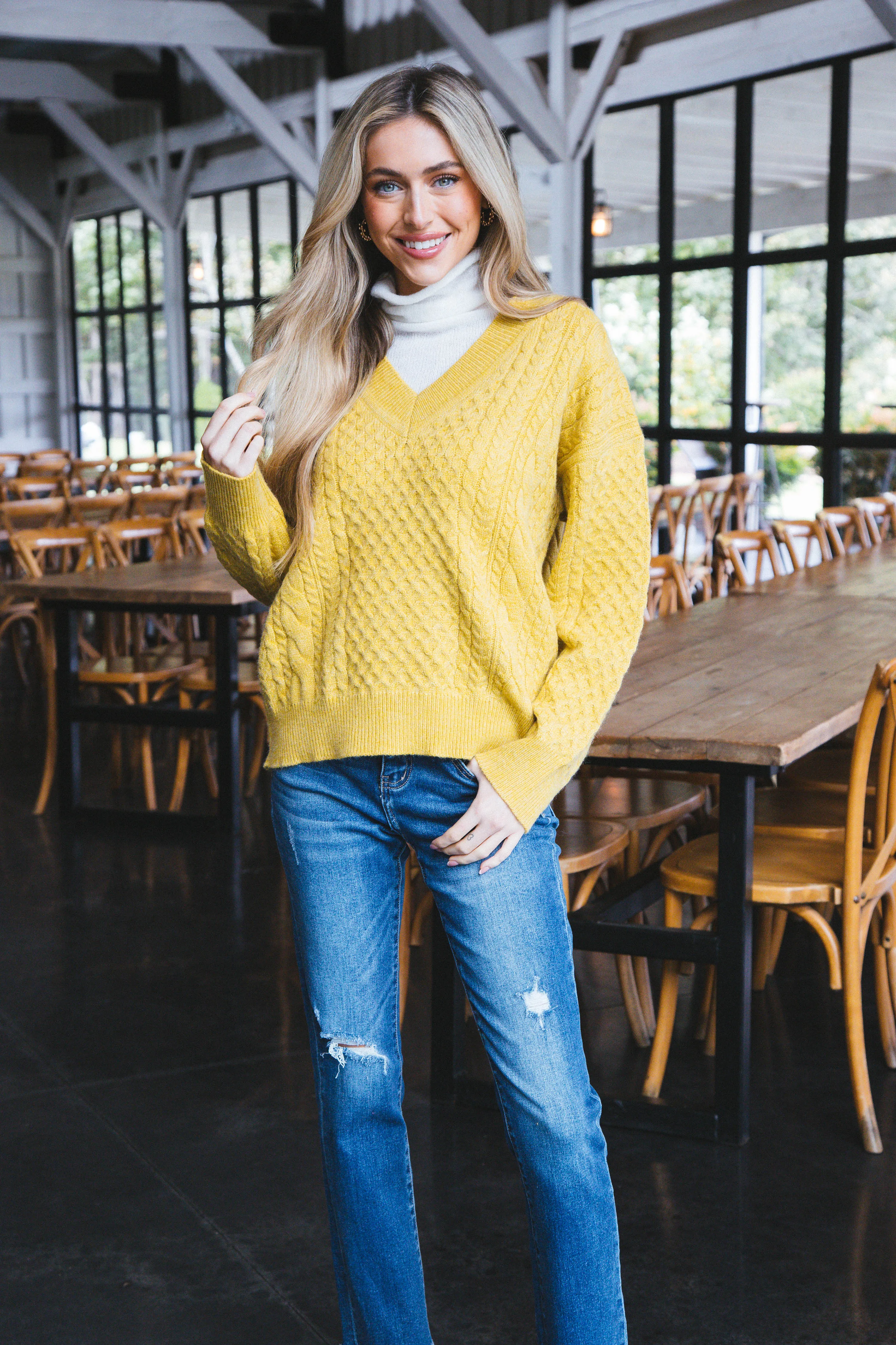 Vida Cable Knit Sweater with Turtleneck, Mustard