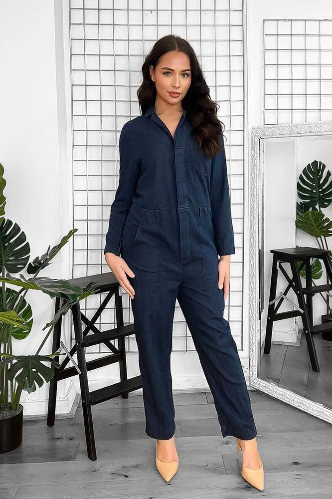 Washed Faded Denim Smart Collar Jumpsuit