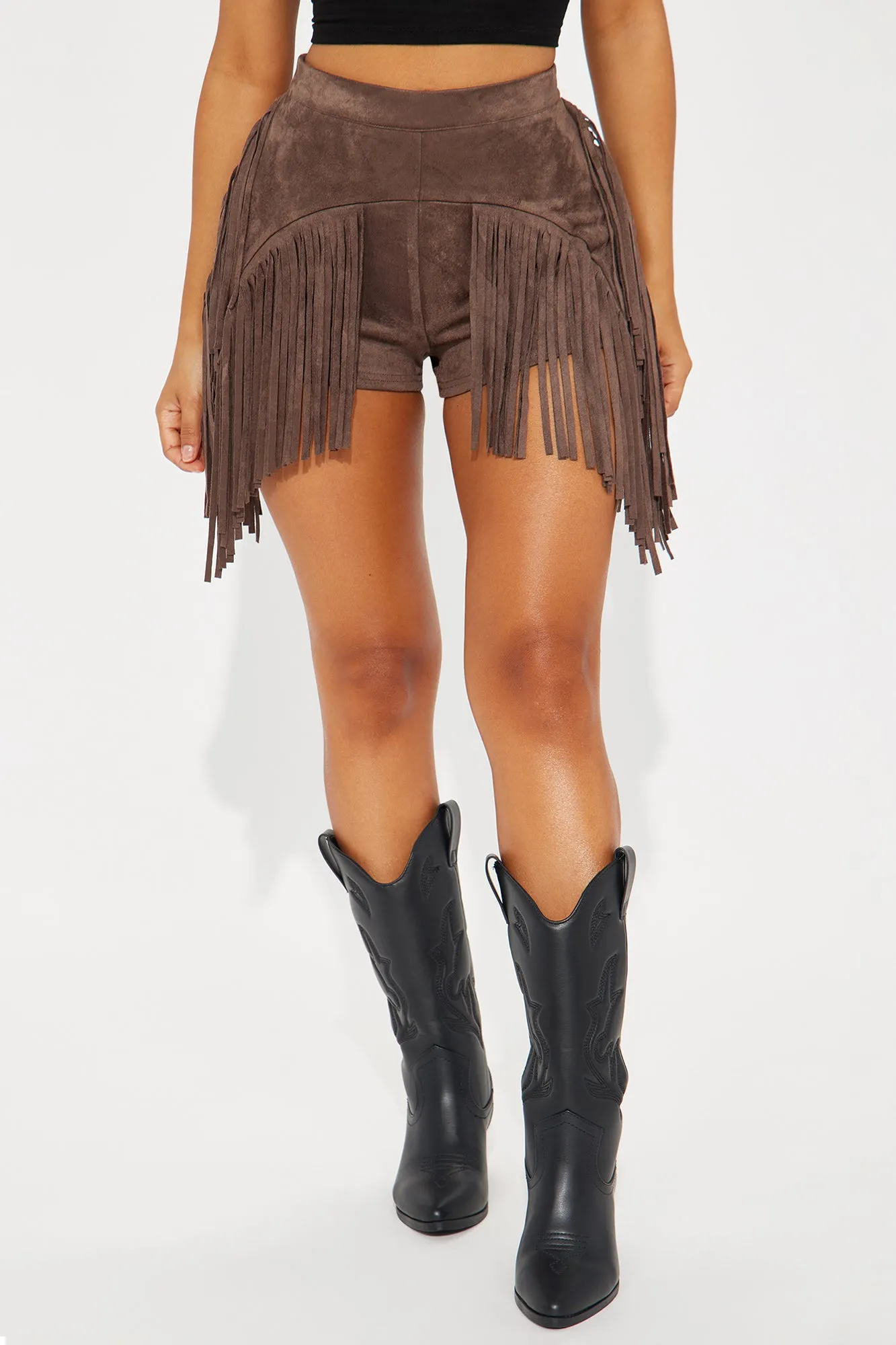 Western Babe Fringe Booty Short - Brown